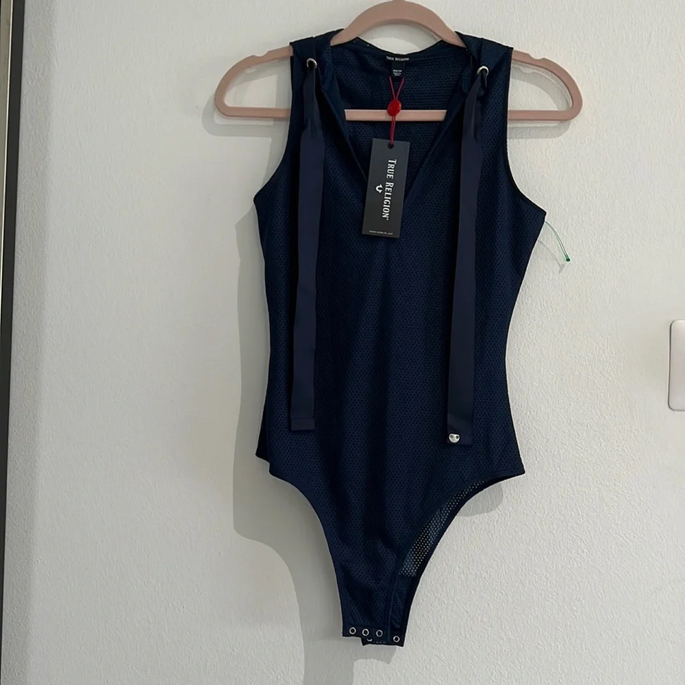 Navy blue true religion workout bodysuit with a hoodie size Xs - Picture 1 of 5